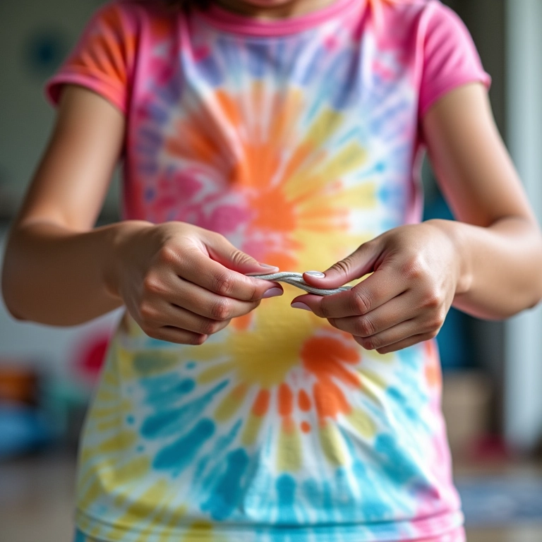 Mãos amarrando camiseta com elásticos para técnica tie-dye amarrado.