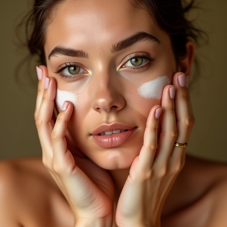 Mãos aplicando hidratante no rosto.