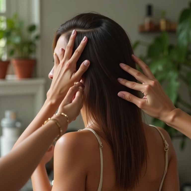 Mãos aplicando óleo natural no cabelo em um ambiente aconchegante.