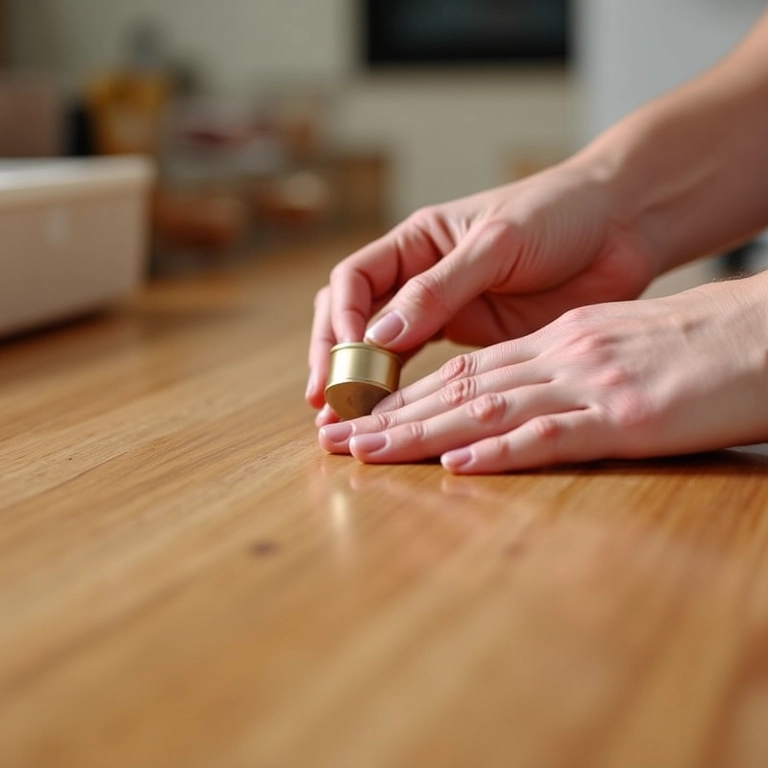 Mãos aplicando óleo protetor em bancada de madeira, demonstrando cuidado.