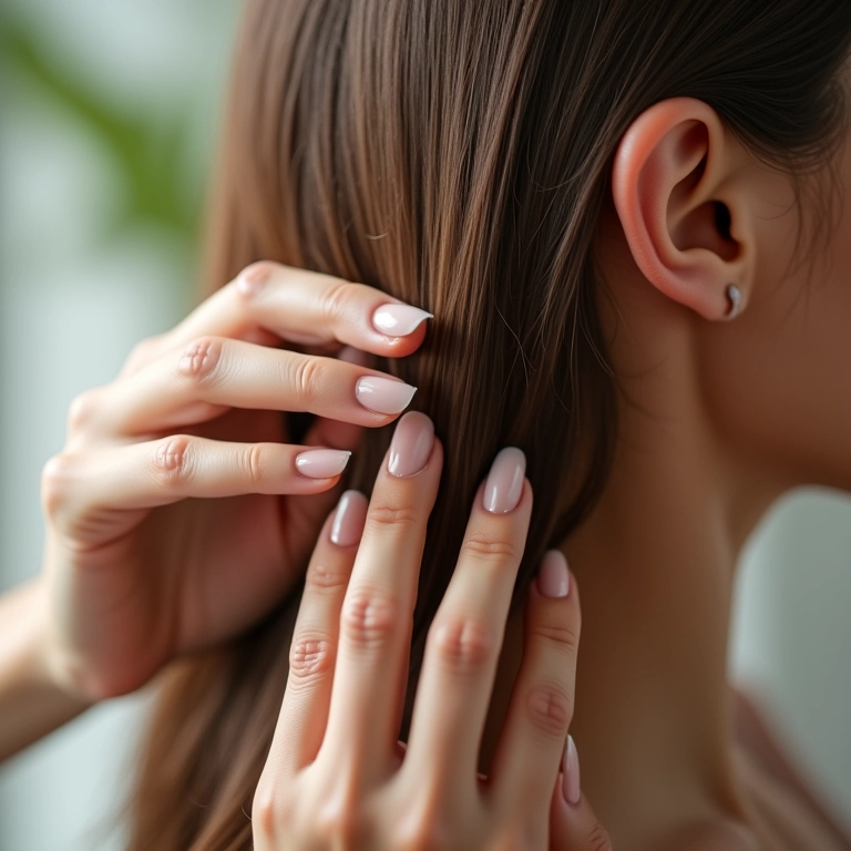 Mãos aplicando produto específico para cabelos finos.