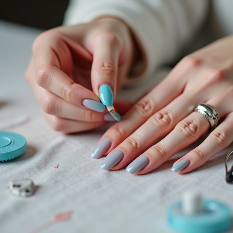 Mãos aplicando top coat em unhas com esmalte azul pastel.