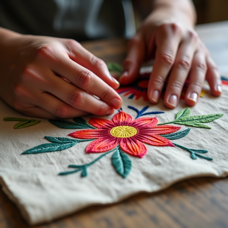 Mãos bordando flores coloridas em tecido de linho sob luz natural.