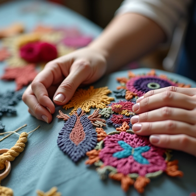 Mãos bordando ponto corrente em uma peça têxtil colorida.