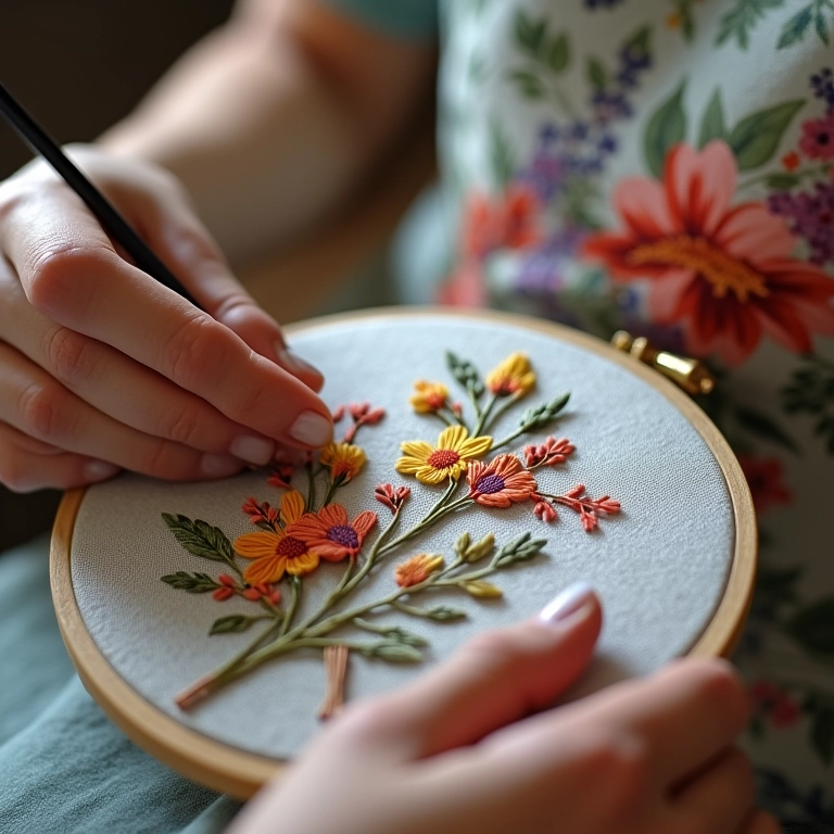 Mãos bordando ponto haste em um padrão floral colorido.