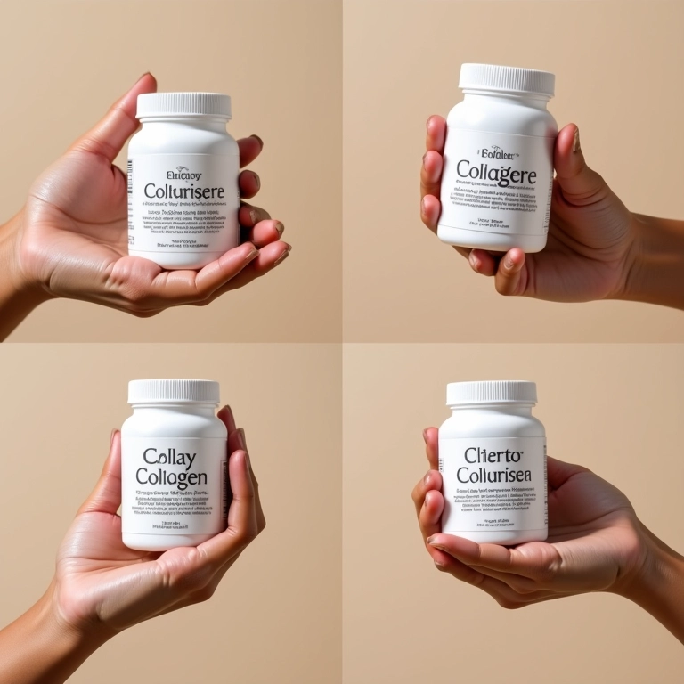 Mãos brasileiras segurando rótulos de suplementos de colágeno.