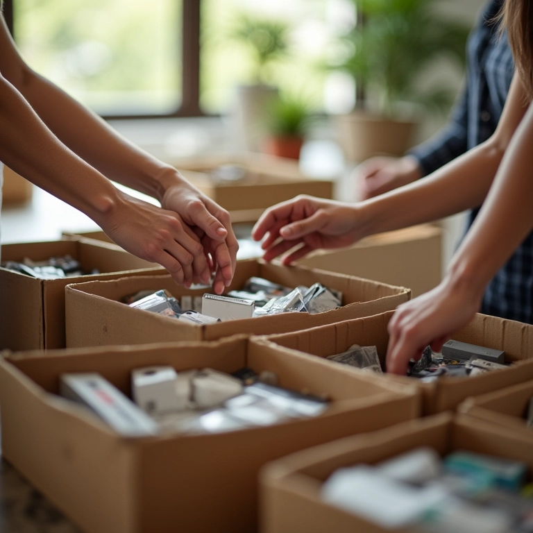 Mãos categorizando objetos em caixas organizadoras etiquetadas.