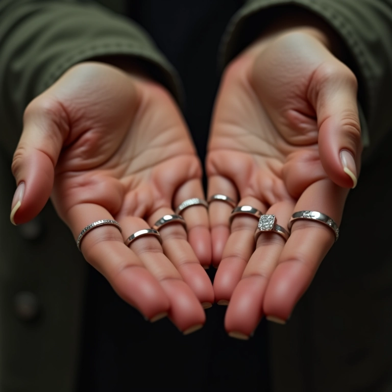 Mãos com anéis delicados distribuídos estrategicamente por todos os dedos.