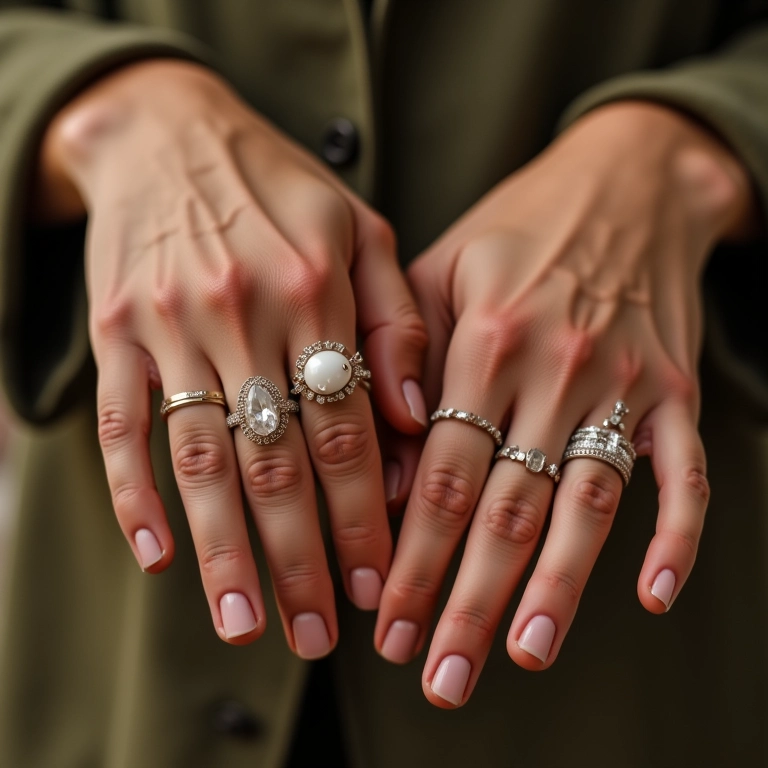 Mãos com anéis delicados em todos os dedos. Declaração ousada, estilos diversos.
