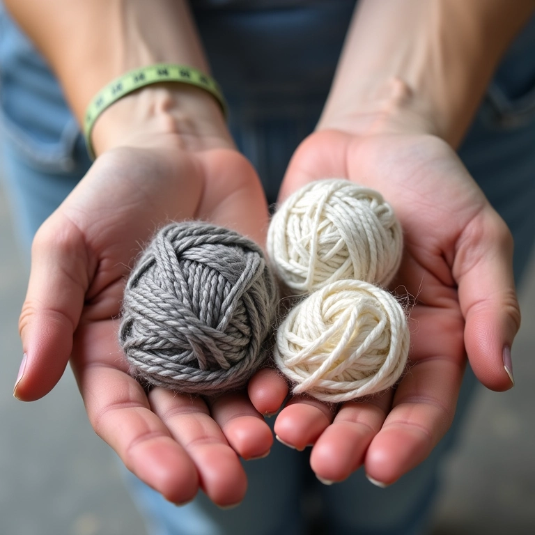 Mãos comparam espessura e textura de diferentes fios de malha.