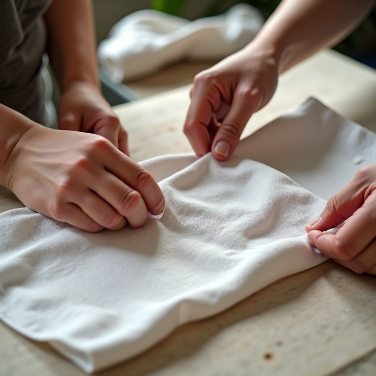 Mãos cortando tecido estampado para porta travessa térmico.
