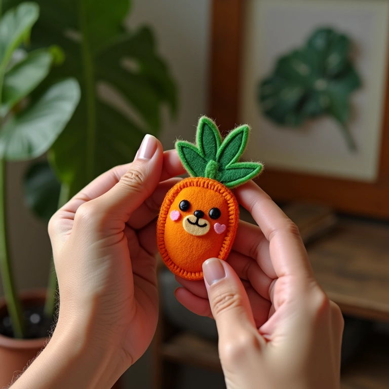 Mãos costurando chaveiro de feltro com amor em ambiente aconchegante.