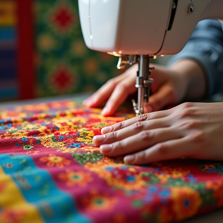 Mãos costurando tecido colorido em máquina de costura, luz natural e decoração vibrante brasileira.