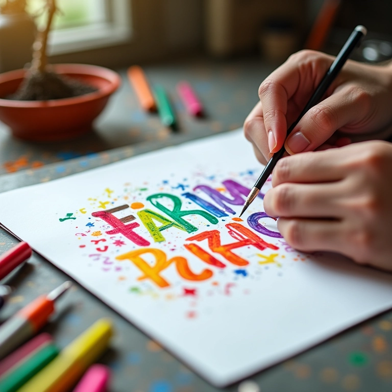 Mãos criando arte de lettering vibrante em papel com canetas coloridas.