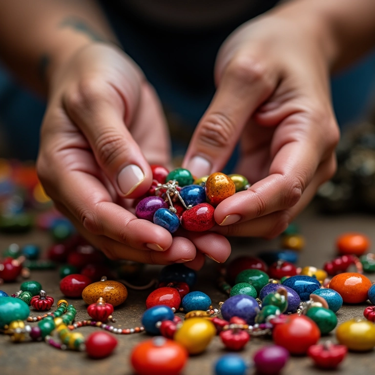 Mãos criando bijuterias de miçangas coloridas em estilo brasileiro vibrante.