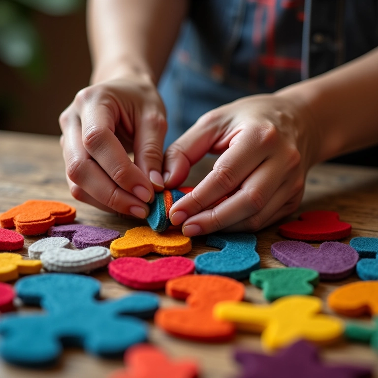 Mãos criando chaveiros personalizados de feltro com linhas coloridas.
