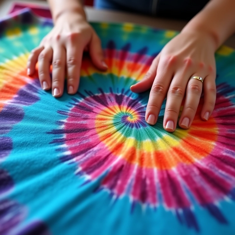 Mãos criando espiral em camiseta durante processo de tie-dye.