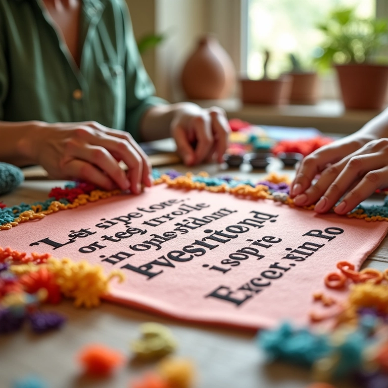 Mãos criando flâmula de feltro com frase inspiradora.