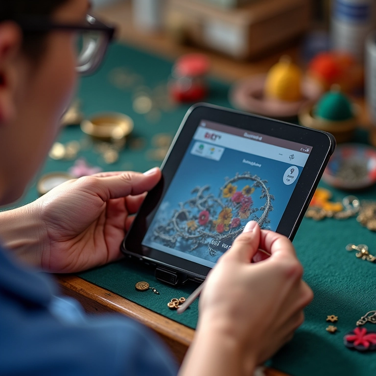 Mãos criando joias em um ateliê colorido, com a plataforma Elo7 exibida em um tablet.