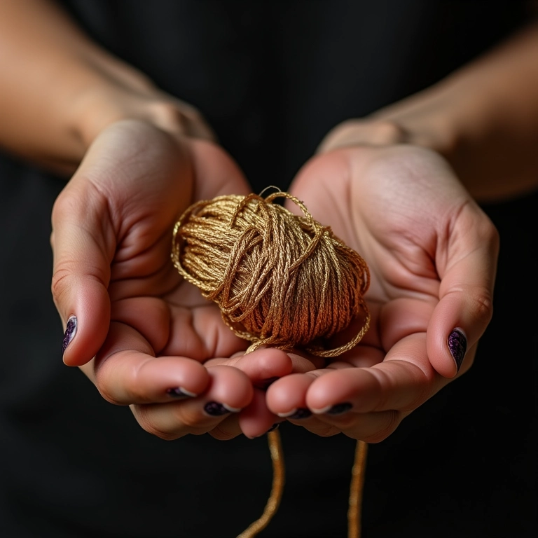 Mãos criando 'ponto alto duplo' (pad) com fio metálico brilhante.