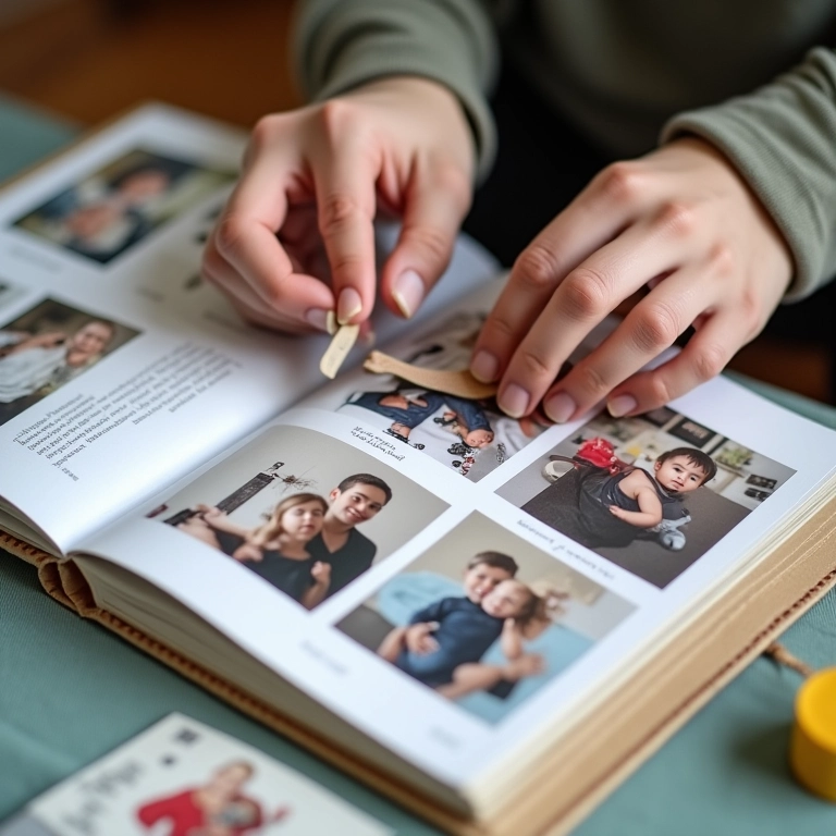 Mãos criando um álbum de bebê artesanal com fotos e lembranças.