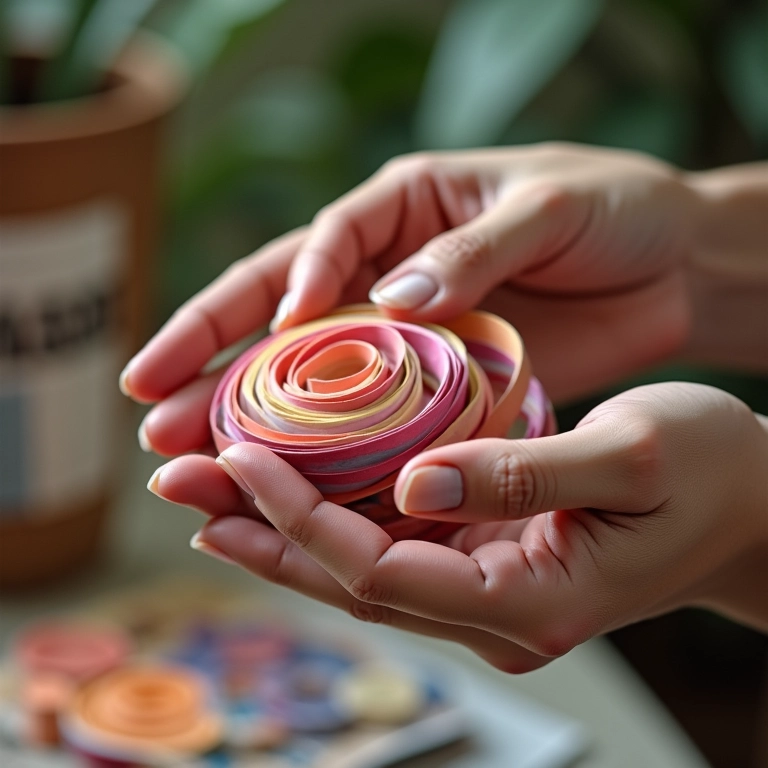 Mãos criando um enrolamento solto em quilling com tiras de papel pastel.