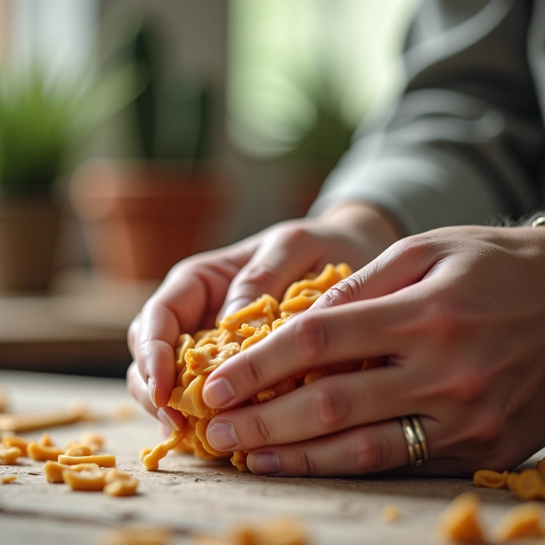 Mãos criando um molde de silicone caseiro em um ambiente doméstico e criativo.