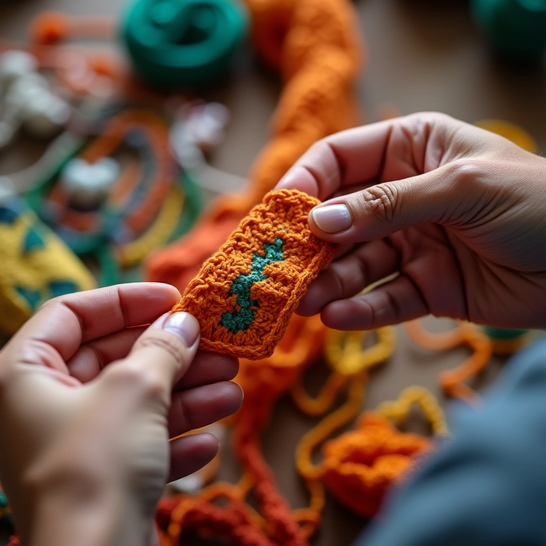 Mãos criando uma correntinha de crochê (corr) com fio colorido.