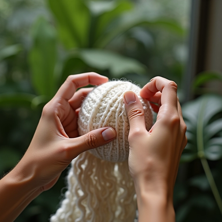 Mãos crocheteando um 'ponto baixo' (pb) com fio de algodão orgânico.