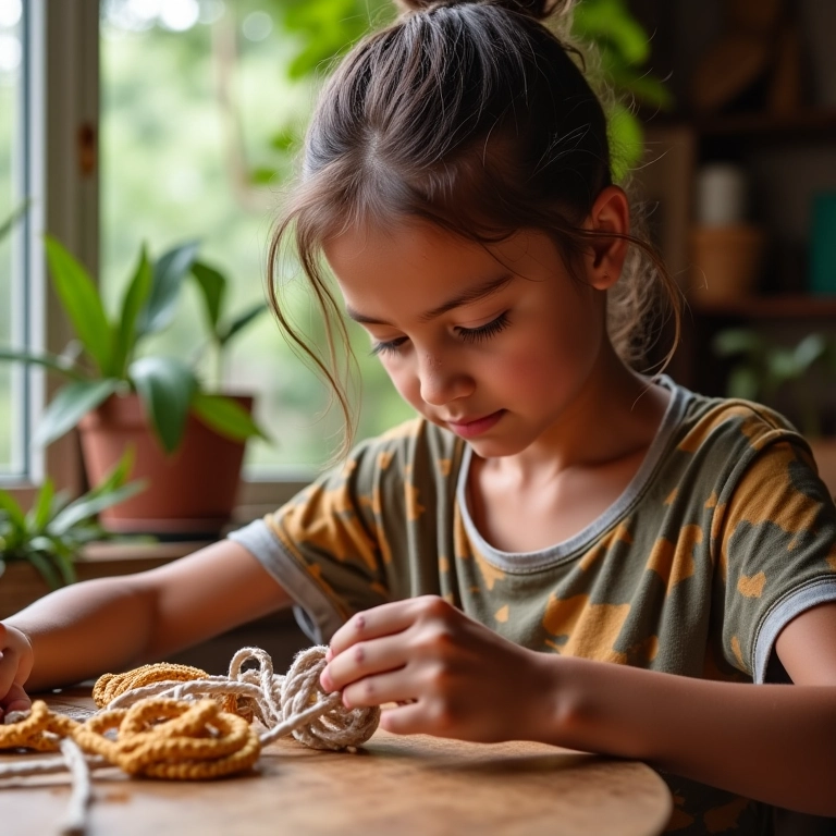 Mãos de adolescente criando um nó de macramê detalhado em um ambiente vibrante e colorido.