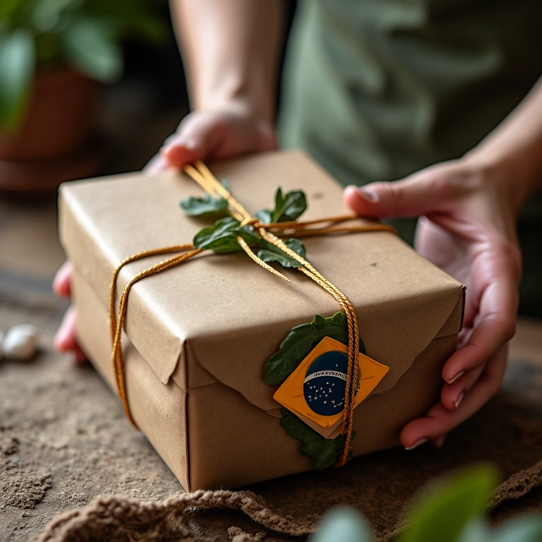 Mãos de artesã embalando produto artesanal para envio, com embalagem temática brasileira.