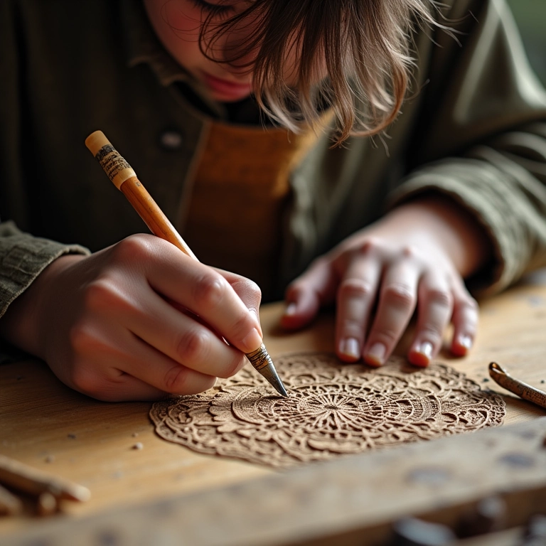 Mãos de artesã esboçando design complexo, evitando a falta de planejamento.
