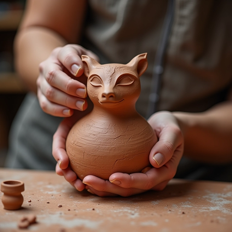 Mãos de artesã modelando escultura de argila, evitando a falta de especialização.