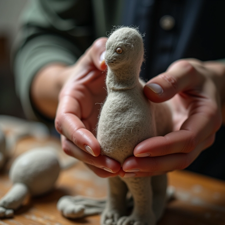 Mãos de artesã moldando feltro em uma figura 3D com técnicas essenciais.
