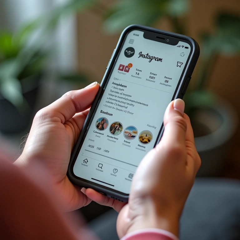 Mãos de artesã rolando o feed do Instagram, analisando as métricas de engajamento.