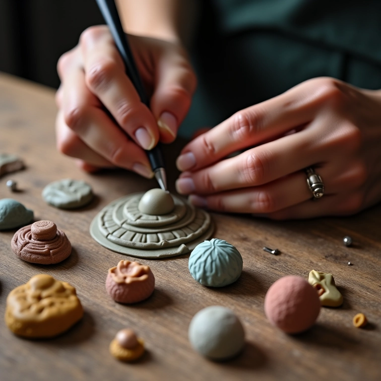 Mãos de artesã utilizando estecas para esculpir biscuit.