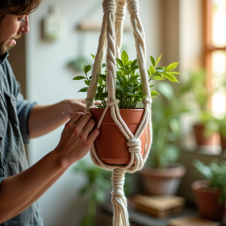 Mãos de artesão segurando suporte de planta em macramê sob luz natural.