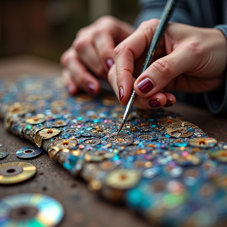 Mãos de artista aplicando mosaico de CD com precisão.