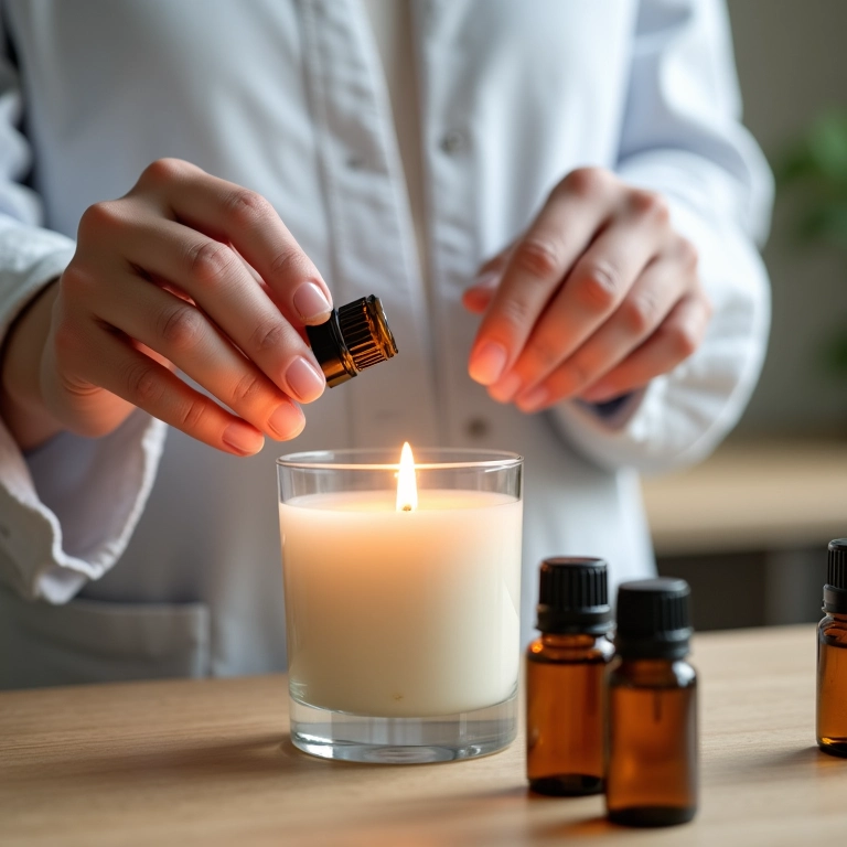Mãos de especialista demonstrando como misturar essências para velas, criando aromas únicos.