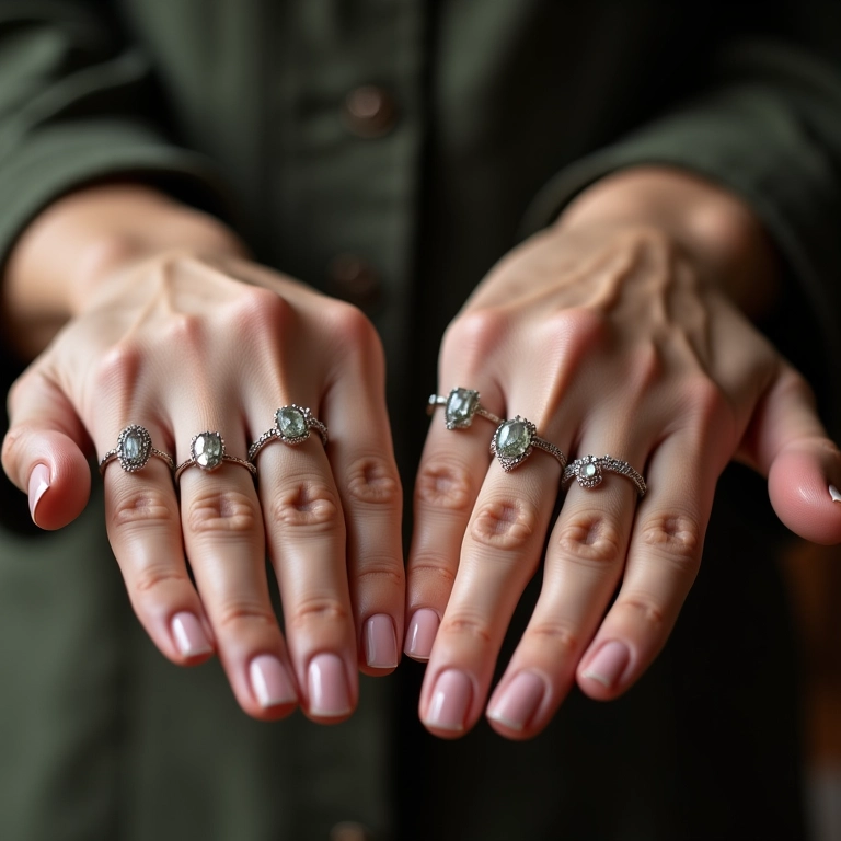Mãos de especialista em joias mostrando anéis delicados e dando conselhos.