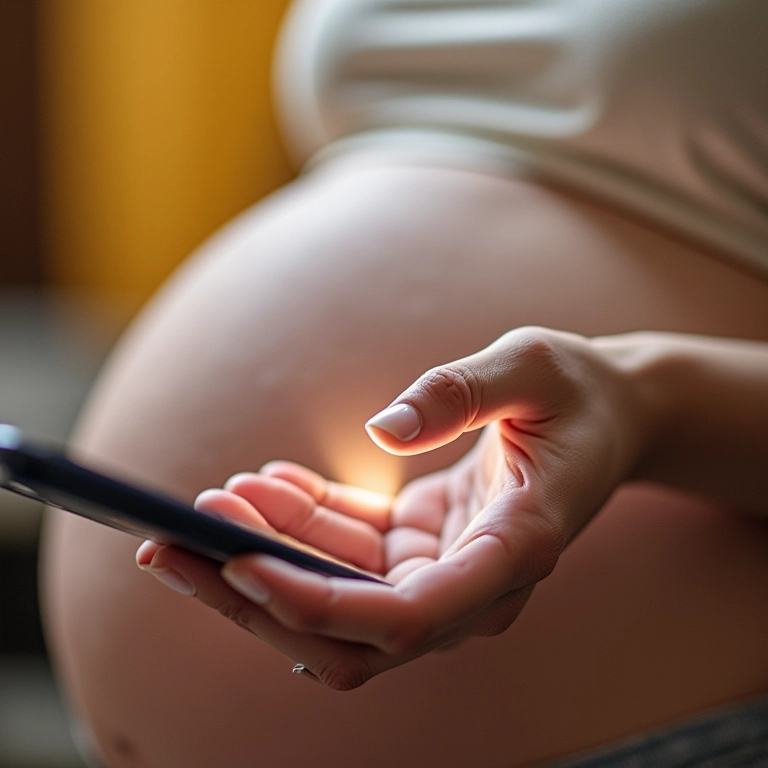 Mãos de gestante usando calculadora gestacional online.