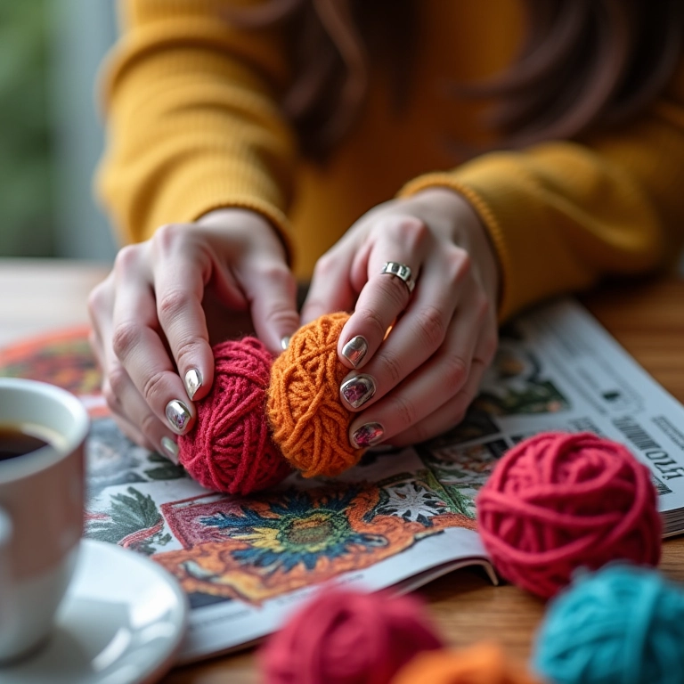 Mãos de mulher crocheteando 'ponto alto' (pa) com fio de lã colorido.
