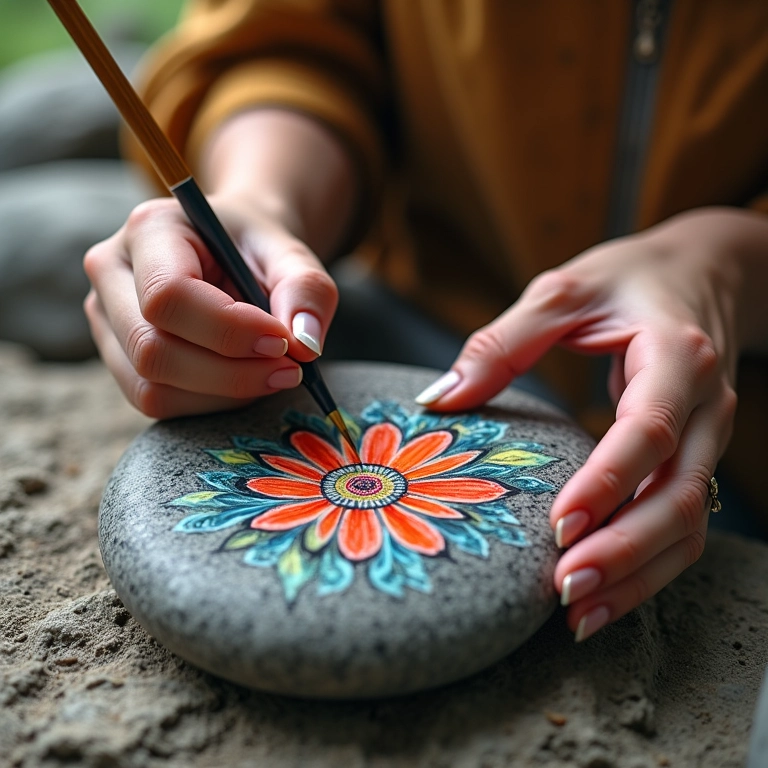 Mãos de mulher pintando pedra com design floral detalhado.