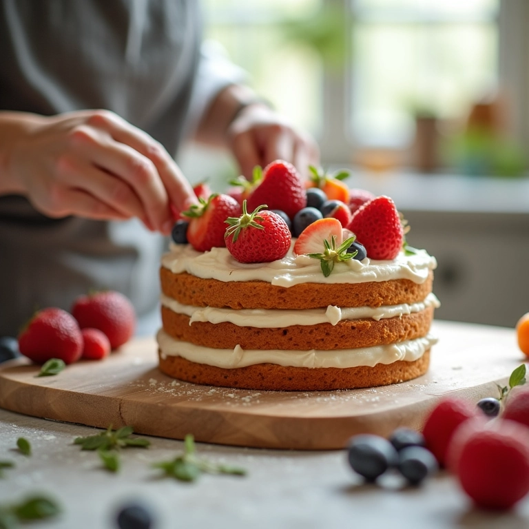 Mãos decorando bolo caseiro com frutas frescas em cozinha iluminada.