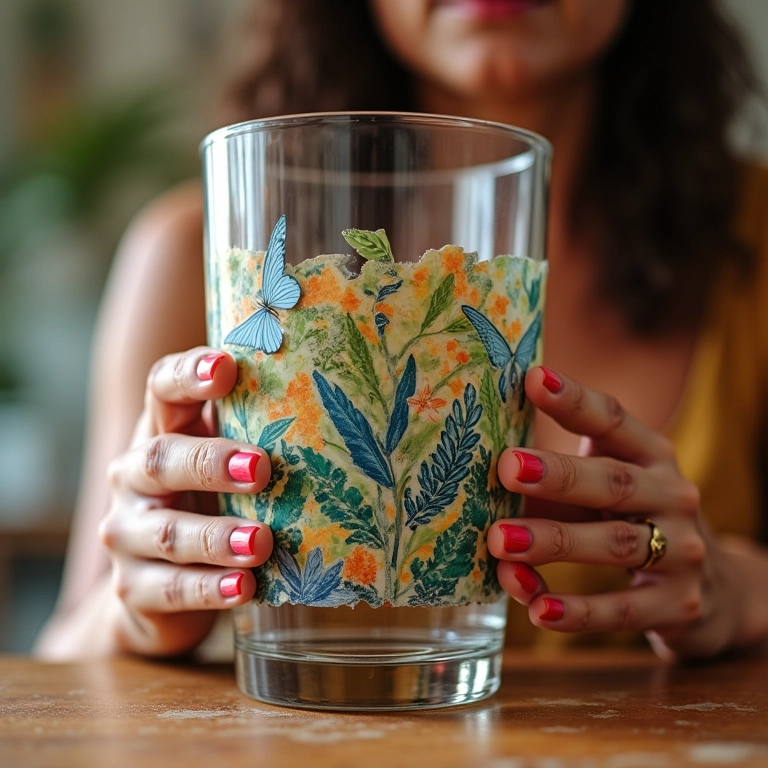 Mãos decorando vaso de vidro com decoupage, estilo Farm Rio vibrante.