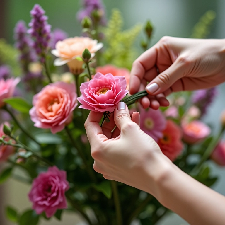 Mãos demonstrando técnicas básicas de montagem de arranjos florais.