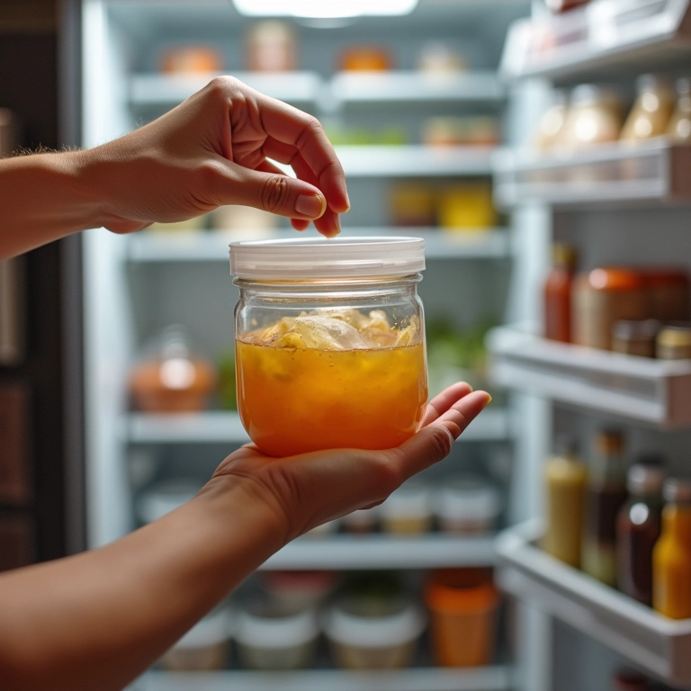 Mãos descartando comida estragada da geladeira organizada.