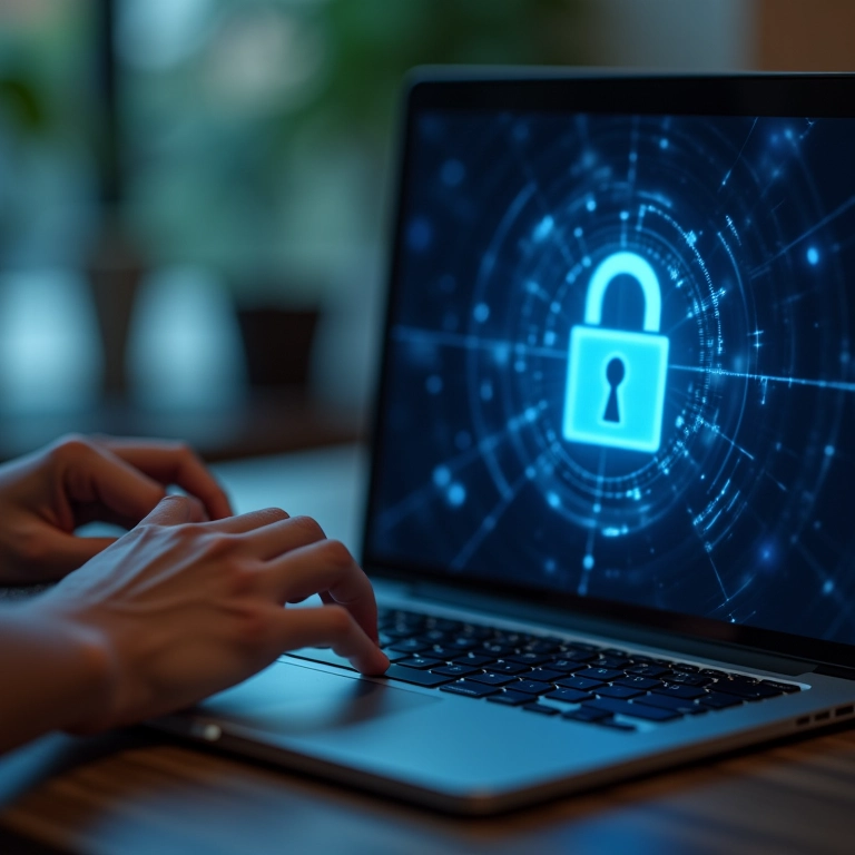 Mãos digitando em um teclado com um cadeado na tela, simbolizando segurança online.