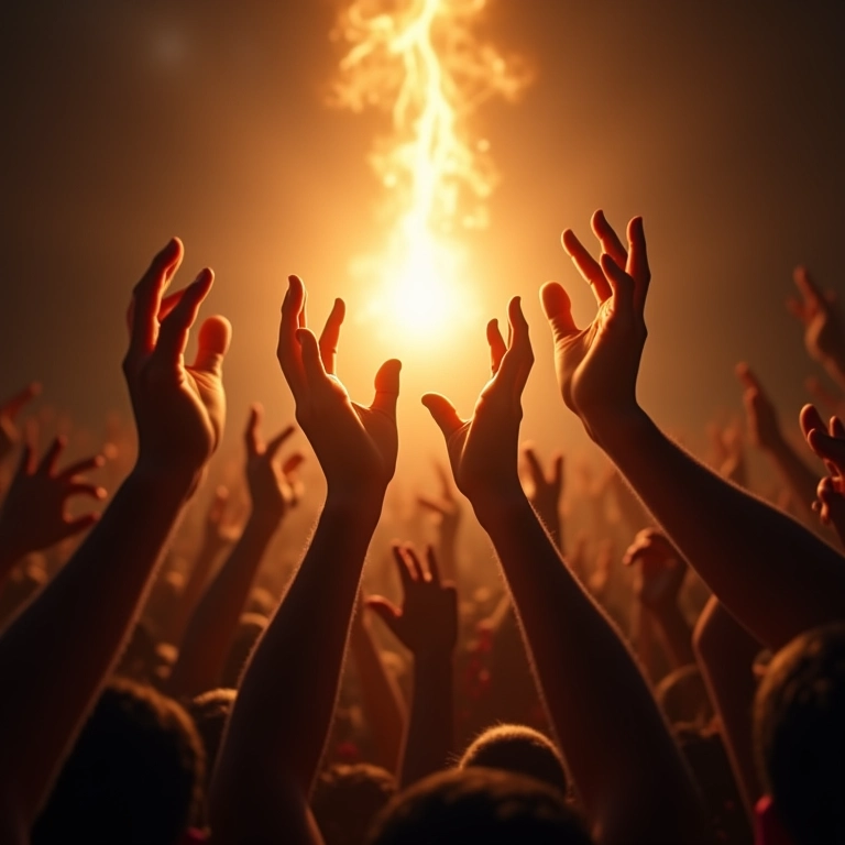 Mãos diversas alcançando luz em escrituras antigas, representando fé e conexão divina.