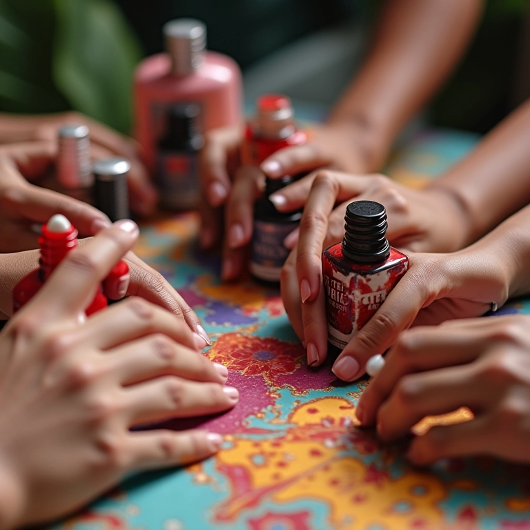 Mãos diversas aplicando bases fortalecedoras de unhas.